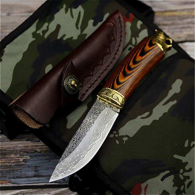 Damascus outdoor Tactical straight knife Jungle Hunting knife outdoor camping knife Japanese handmade Damascus knife