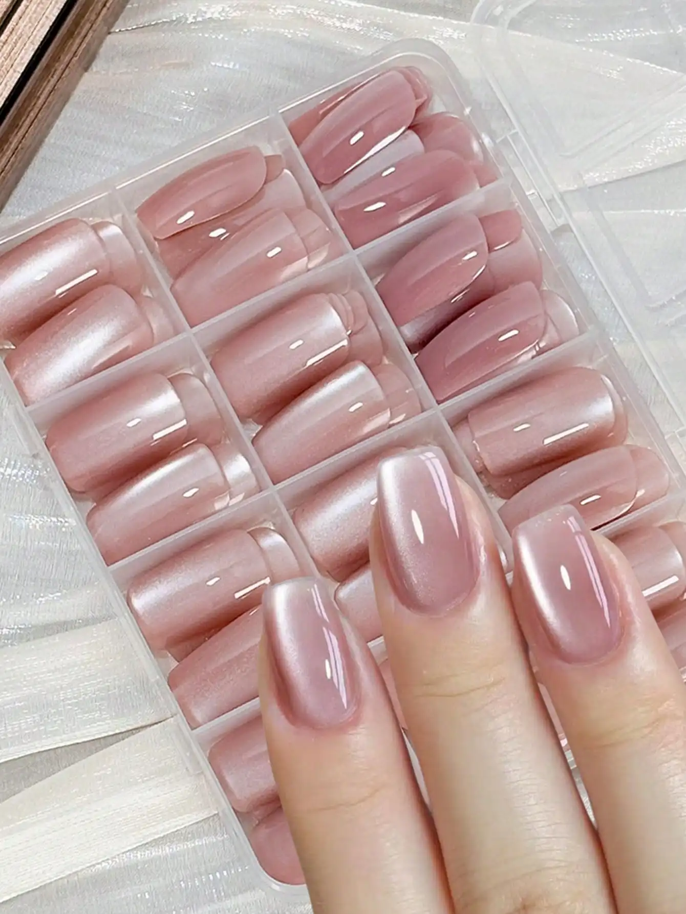 144pcs/Box Medium Square Cat Eye Press On Nails Shimmer Natural Nude Pink Cat Eye False Nails Summer Wearable Nail Tips For Women