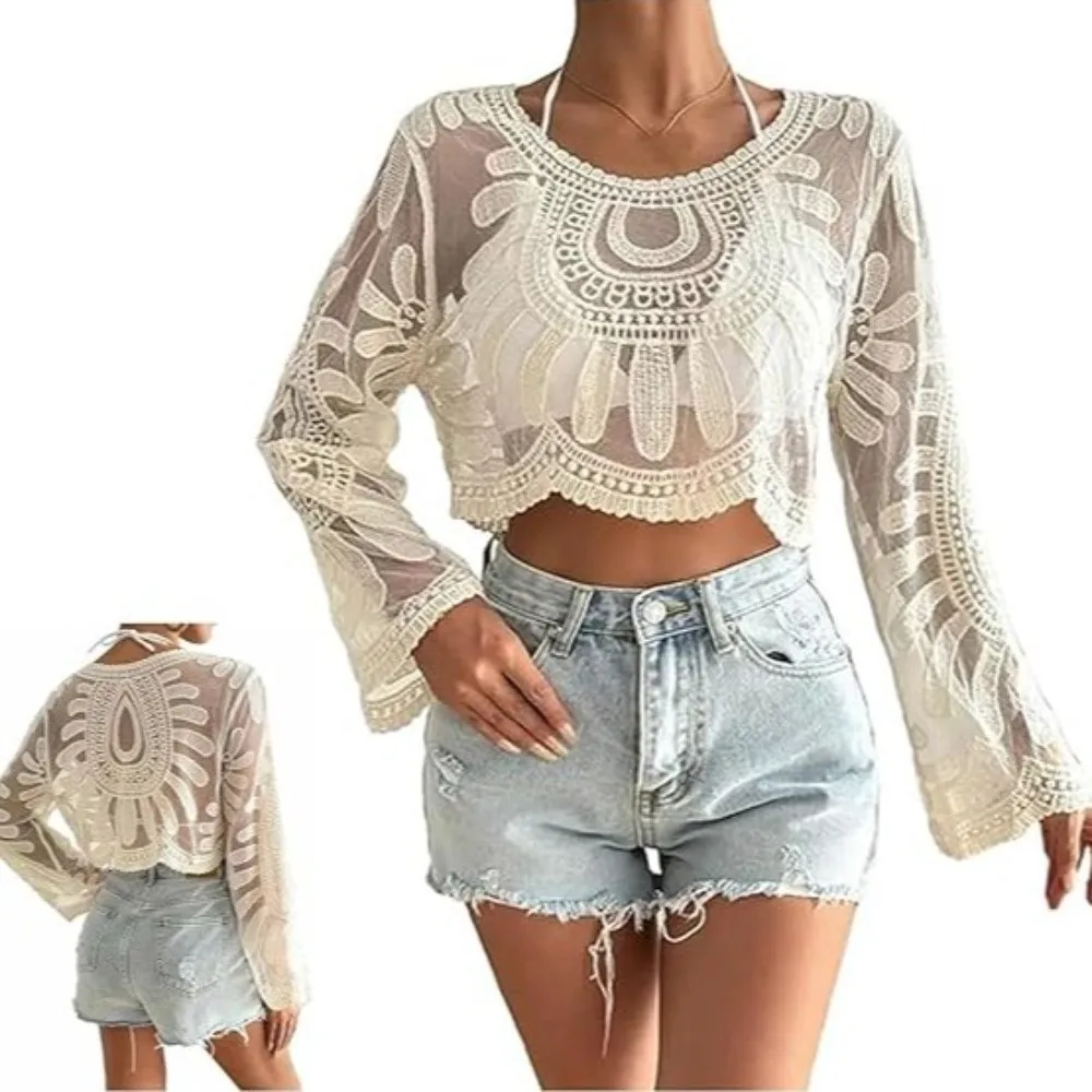 쉬어 패브릭 ​ ​   꽃무늬 자수 커버업 ​ ​ ​ ​ 레이스 트림 ​ ​ ​ ​ 통기성 ​ ​ ​ ​ 반투명 레이스 탑 ​ ​ ​ ​ 경량 ​ ​