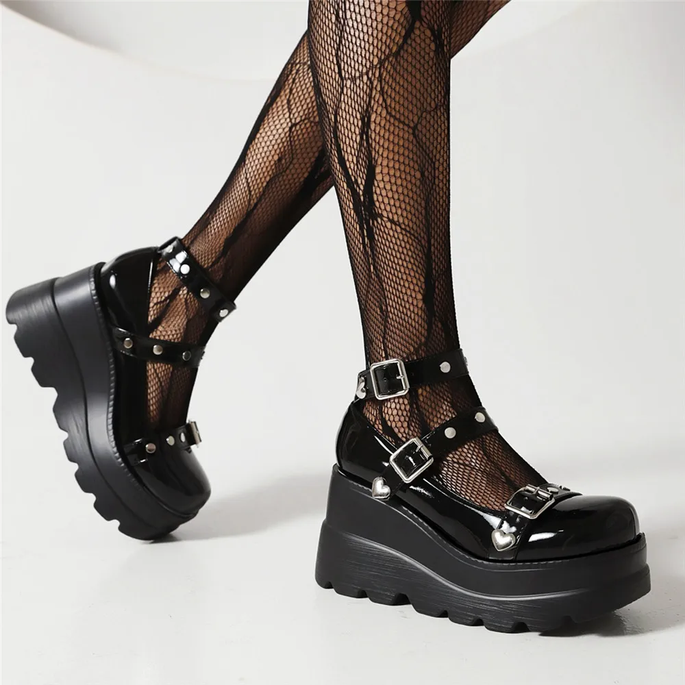 Chunky platforma buty Mary Jane na damskie ze skóry lakierowanej klamra szpilki z paskiem na kostce buty na koturnie wiosna czarny Lolita Gothic Punk