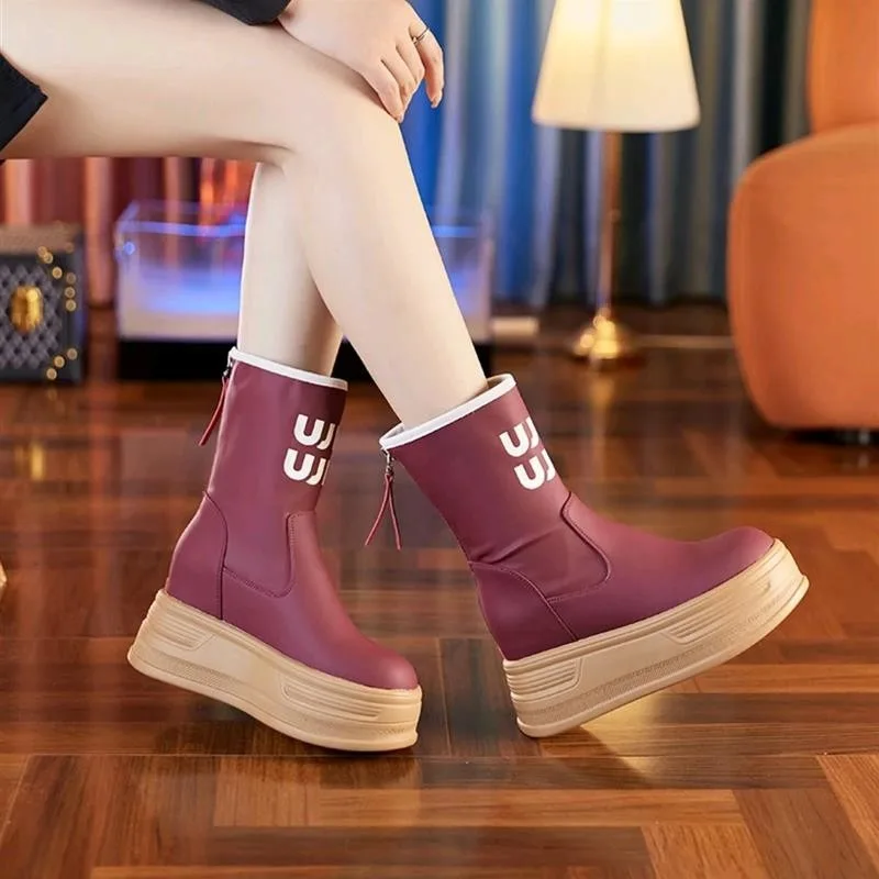 Women's Leather Thick Sole Elastic Ankle Boots 2024 winter New Letter Height Increasing Motorcycle Booties Outdoor Walking Shoes