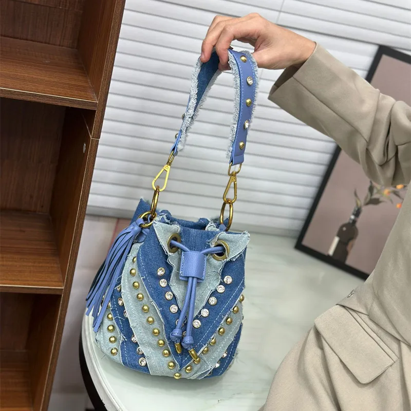 2025 Fashion Brand Denim Handbags Women Diamond Inlay Denim Rivets Bucket Bag Retro Underarm Bag Drawstring Chain Shoulder Bag