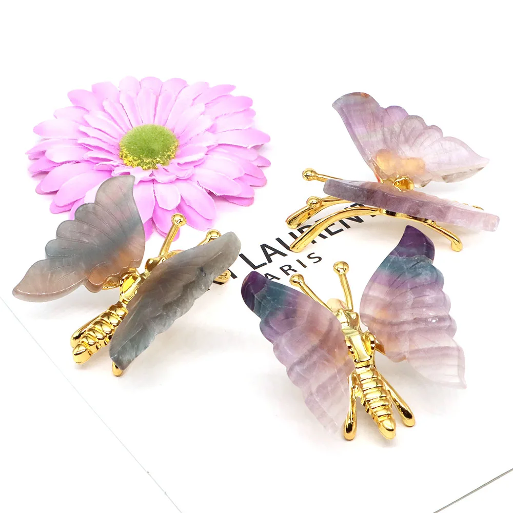 Natural Stone Fluorite Butterfly Statue Healing Crystal Animal Sculpture Carved Crafts Energy Mineral Gemstones Home Decor Gifts