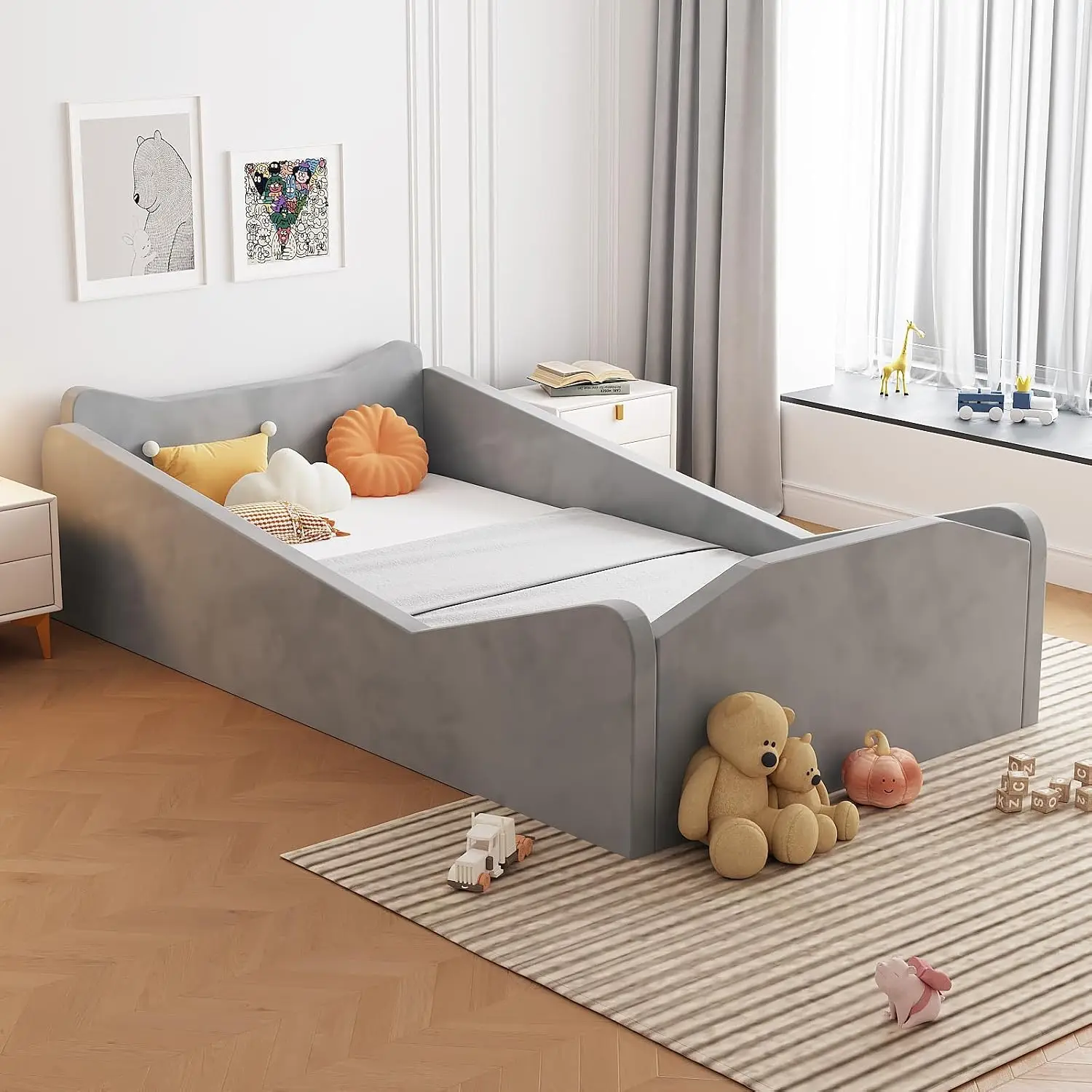 Toddler Bed, Floor Bed with Safety Guadrail, Montessori Toddler Bed with Animal Ear Shapes, Soft Velvet Wood Bed for Infant, Kids, Mattress not Included (Gray)