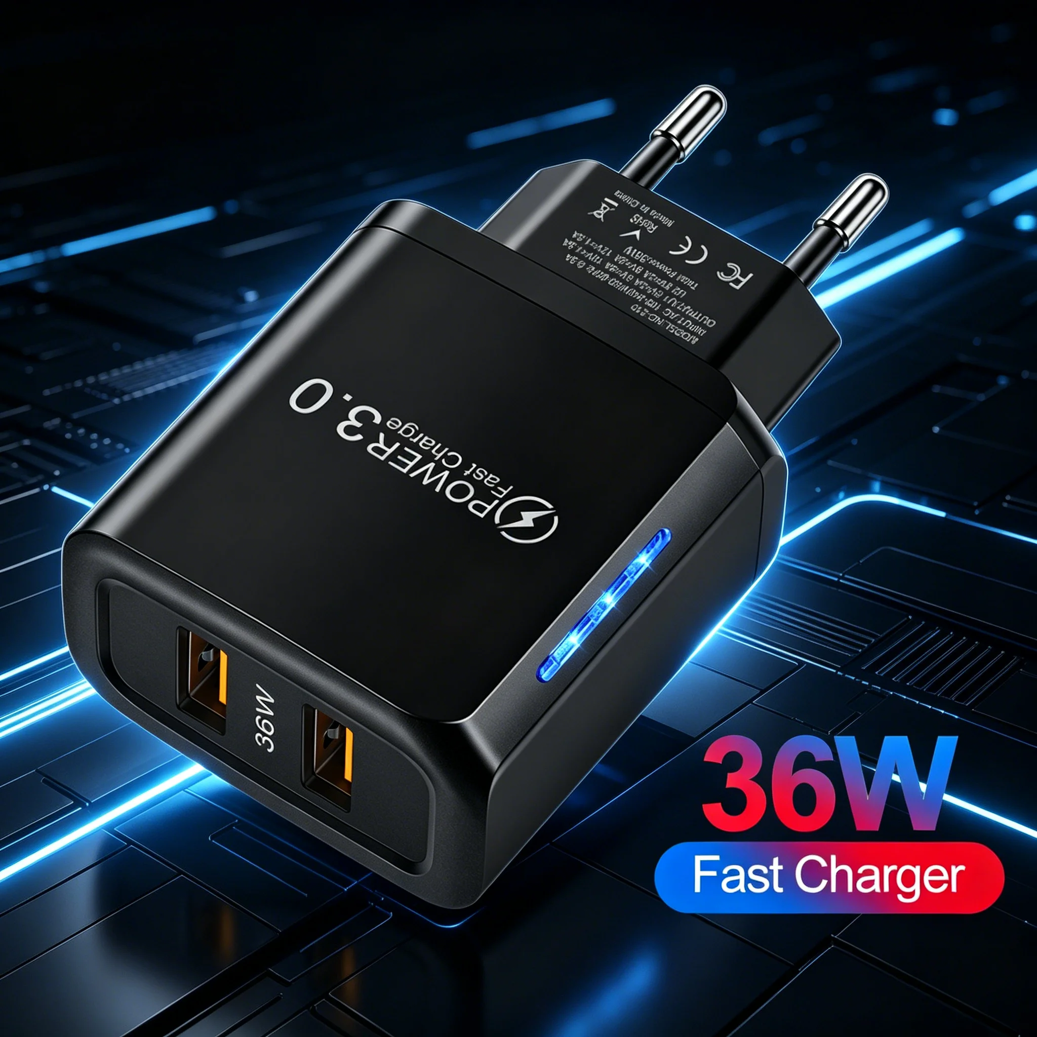 36W QC3.0 Dual-USB-Ladegerät, schnelles Laden, Wand-Reiseladegerät, Multi-Port-Telefon-Ladegerät für Xiaomi, Samsung, Huawei