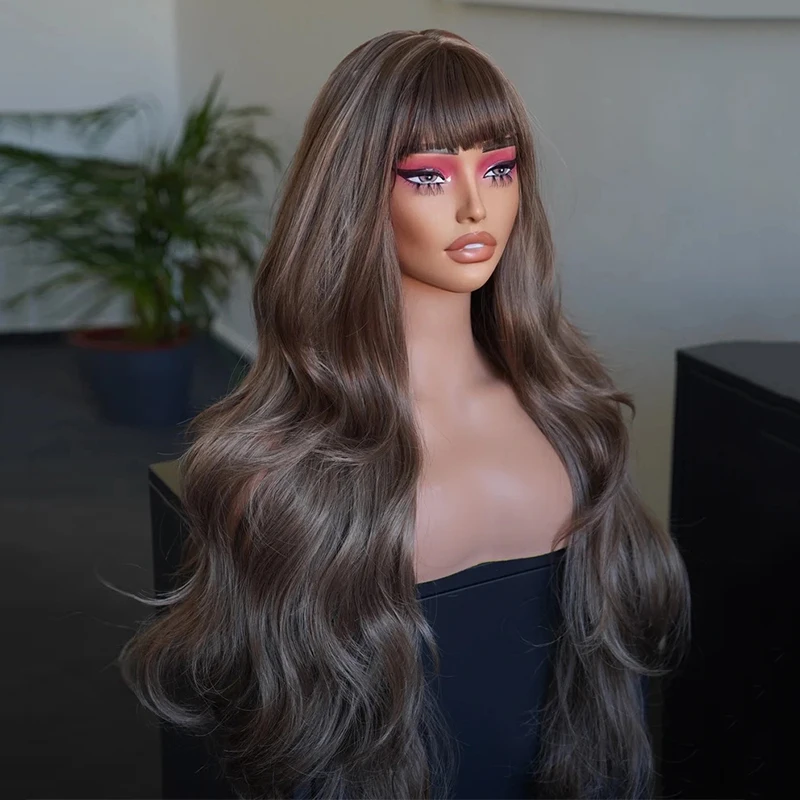 Caramel Brown Wig Pastel Honey Blonde Wavy Wig Brunette Natural Brown Lace Front Wig with Bangs Cosplay Wig 28 inch Natural Look