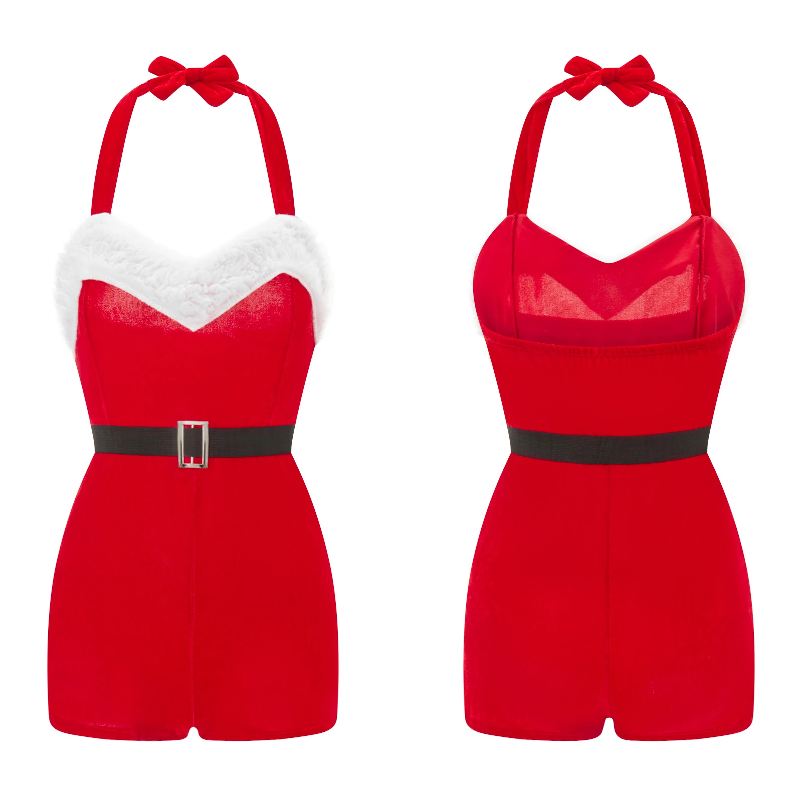 2026 New Years Sexy Women's Mrs. Claus Costume Rompers Xmas Ladies Sleeveless Faux Fur Trim Halter Romper Short Jumpsuit