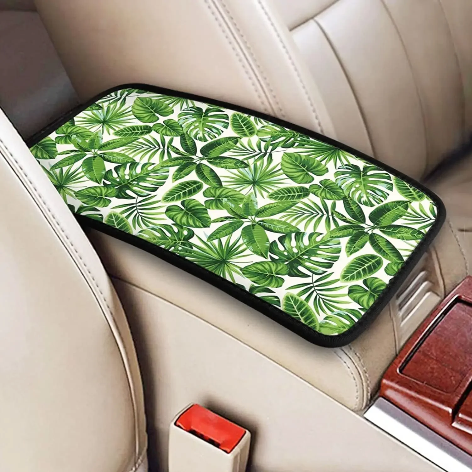 Auto Center Console Armrest Cover Pad, Tropical Green Exotic Palm Leaves Universal Fit Car Armrest Cover Cushion Mat f