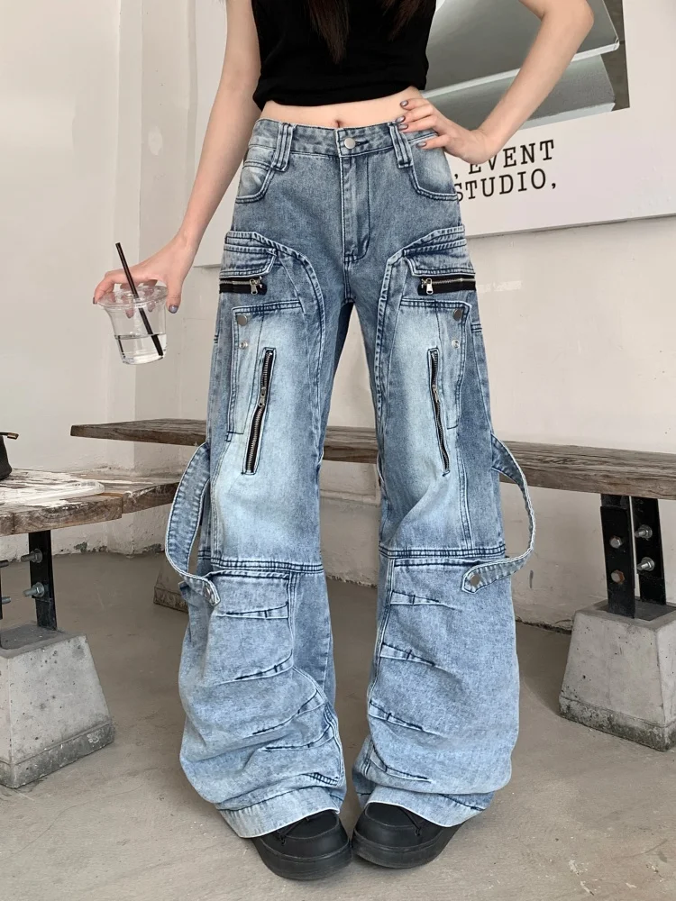 

Trashy Y2K 2000S потертые синие мешковатые джинсы-карго для женщин 90-х годов винтажная одежда на молнии с несколькими карманами женские брюки