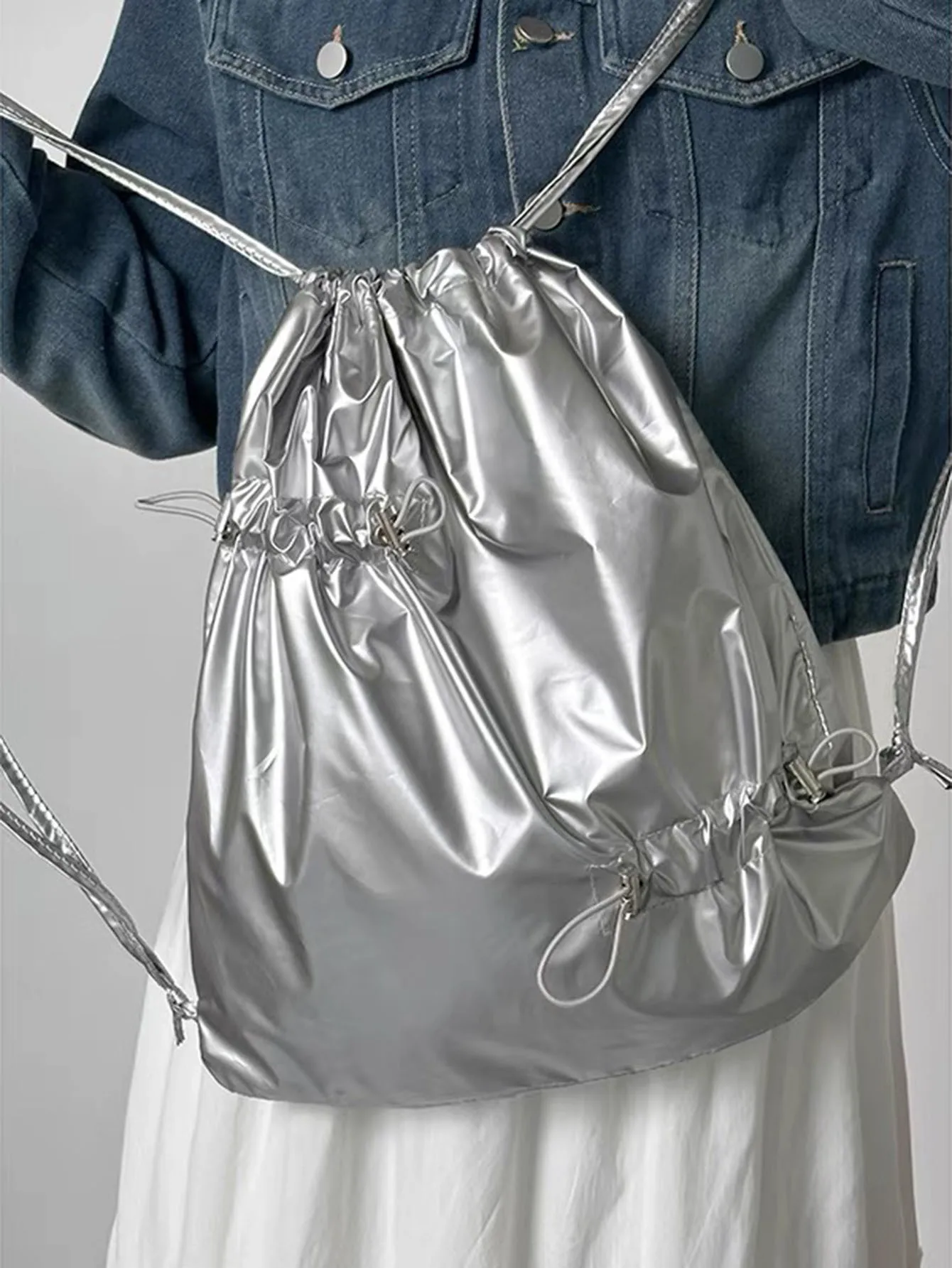 Metallic Silver Multi Drawstring Ruched Drawstring Backpack Women Shiny Nylon Large Capacity Y2K Streetwear Gym Sack Bag