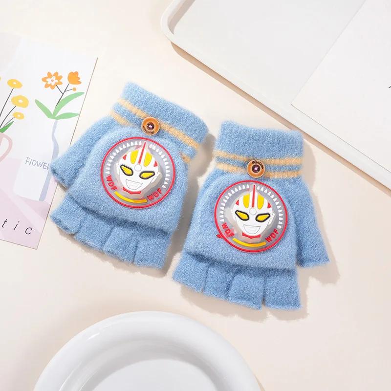 Winter Children's Warm Gloves, Boys' Half Finger Writing Velvet Antifreeze Five Finger Set, Boys' and Girls' Baby Cartoon Gloves