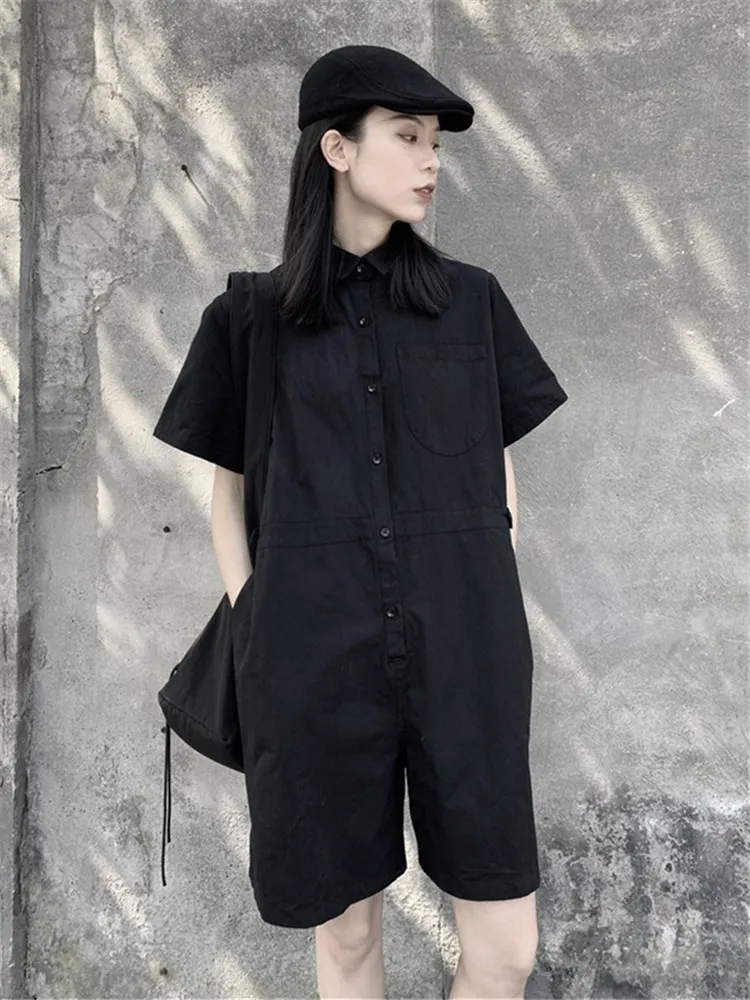 

Black Jumpsuit for Women Men Streetwear Gothic Hip Hop Loose Short Sleeve One Piece Pants Sets 2022 Summer Overalls Romper 2017