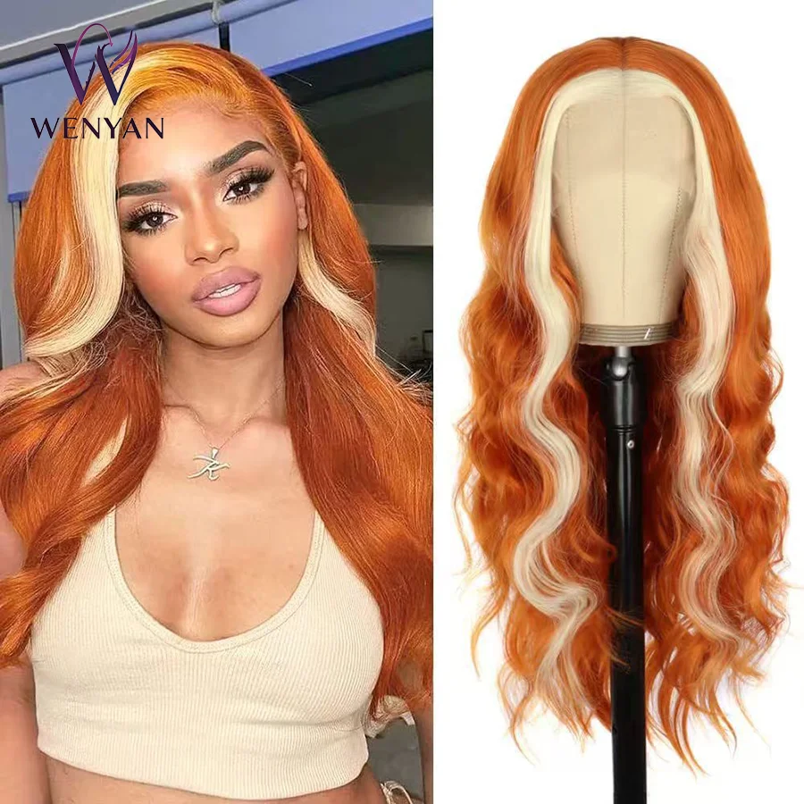 

28inch Long Body Wave Highlight Wigs Skunk Stripe Synthetic Long Wavy Orange with Blonde Highlighted Wigs