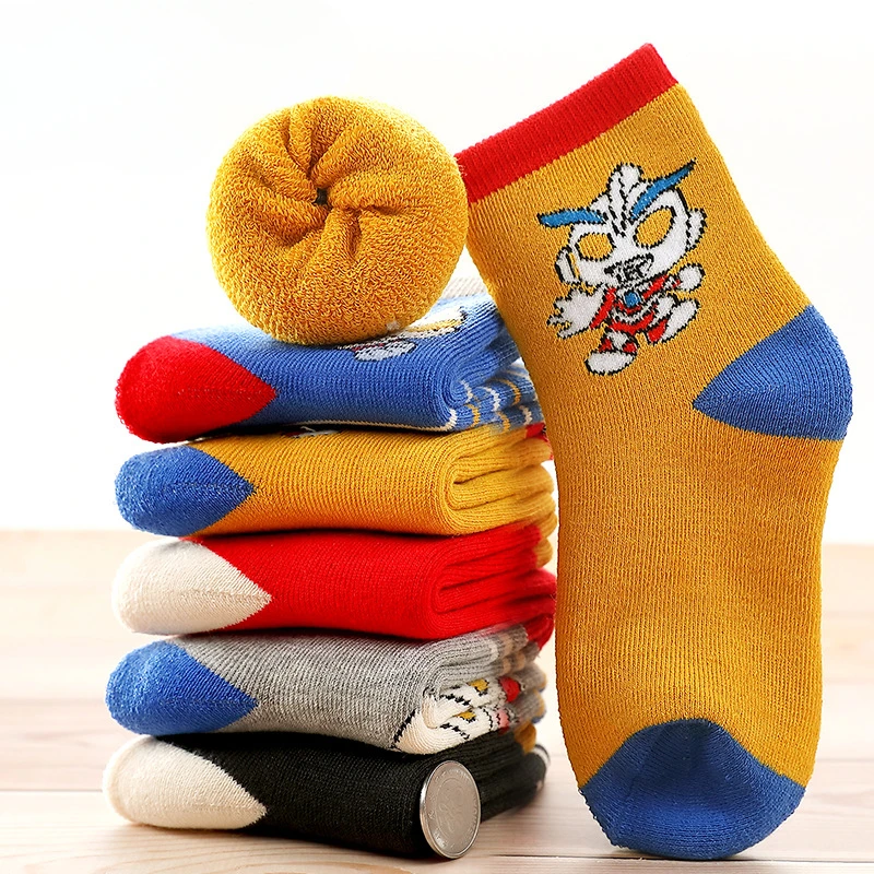 5 Double Set Autumn and Winter Children\'s Cartoon Cute Fashion Cool Boys and Girls Solid Color Thick Wool Cotton Socks