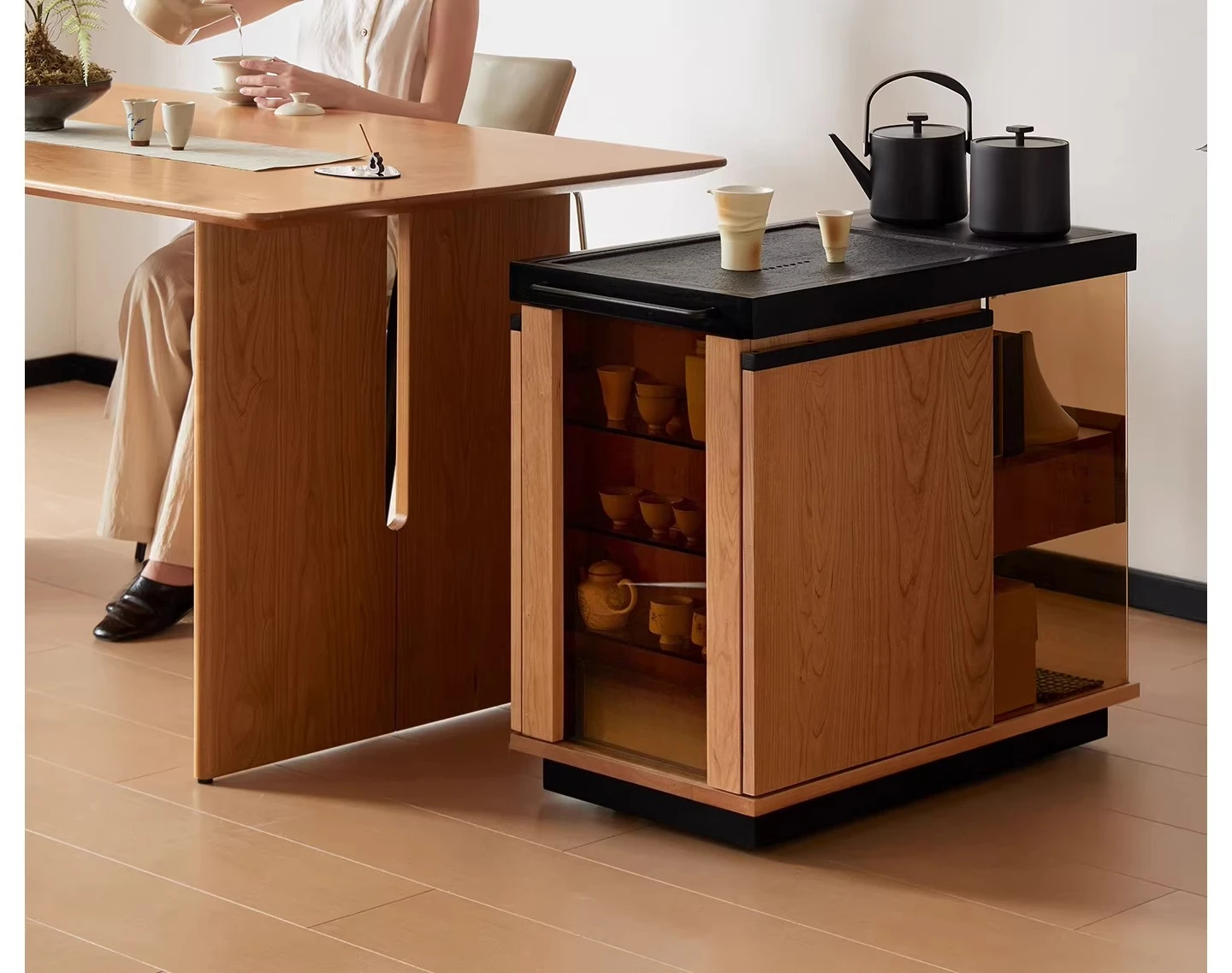 Cherry wood trolley storage side cabinet small apartment movable all solid wood tea table