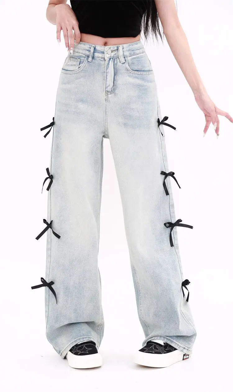 Jeans Bow Fashionable Women'S Blue Y2k Baggy Harajuku Oversize Denim Trousers Vintage Jean Pants Japanese Style Summer Trousers