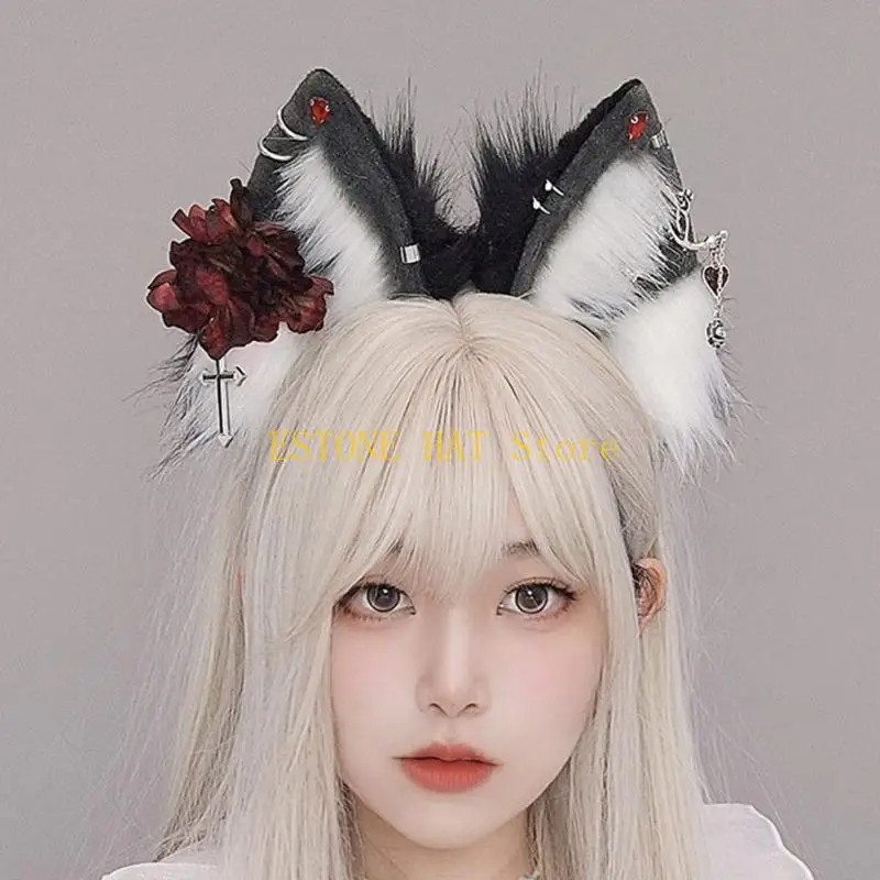 49MF Adult Cartoon Wolf Ear Headband with Flower&Earring Halloween Hair Hoop