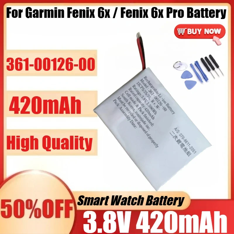SWZY 361-00126-00 3.8V 420mAh High Quanlity Battery for Garmin Fenix 6x / Fenix 6x Pro Solar GPS Watch Batteries 361-00126-00