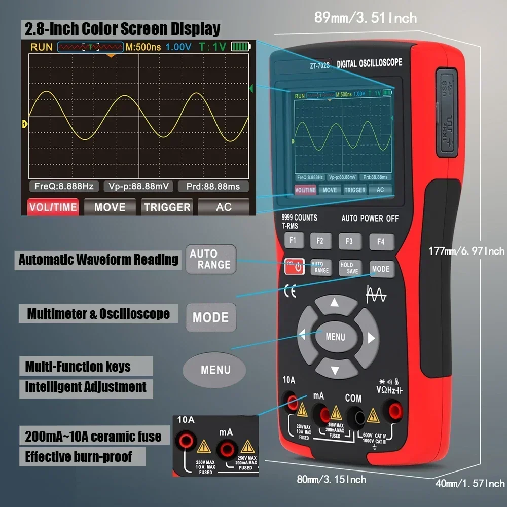 ZT 702S 2In1 Digital Oscilloscope Multimeter Real time sampling rate 48MSa/s True RMS 1000V Professional Tester with 2.8