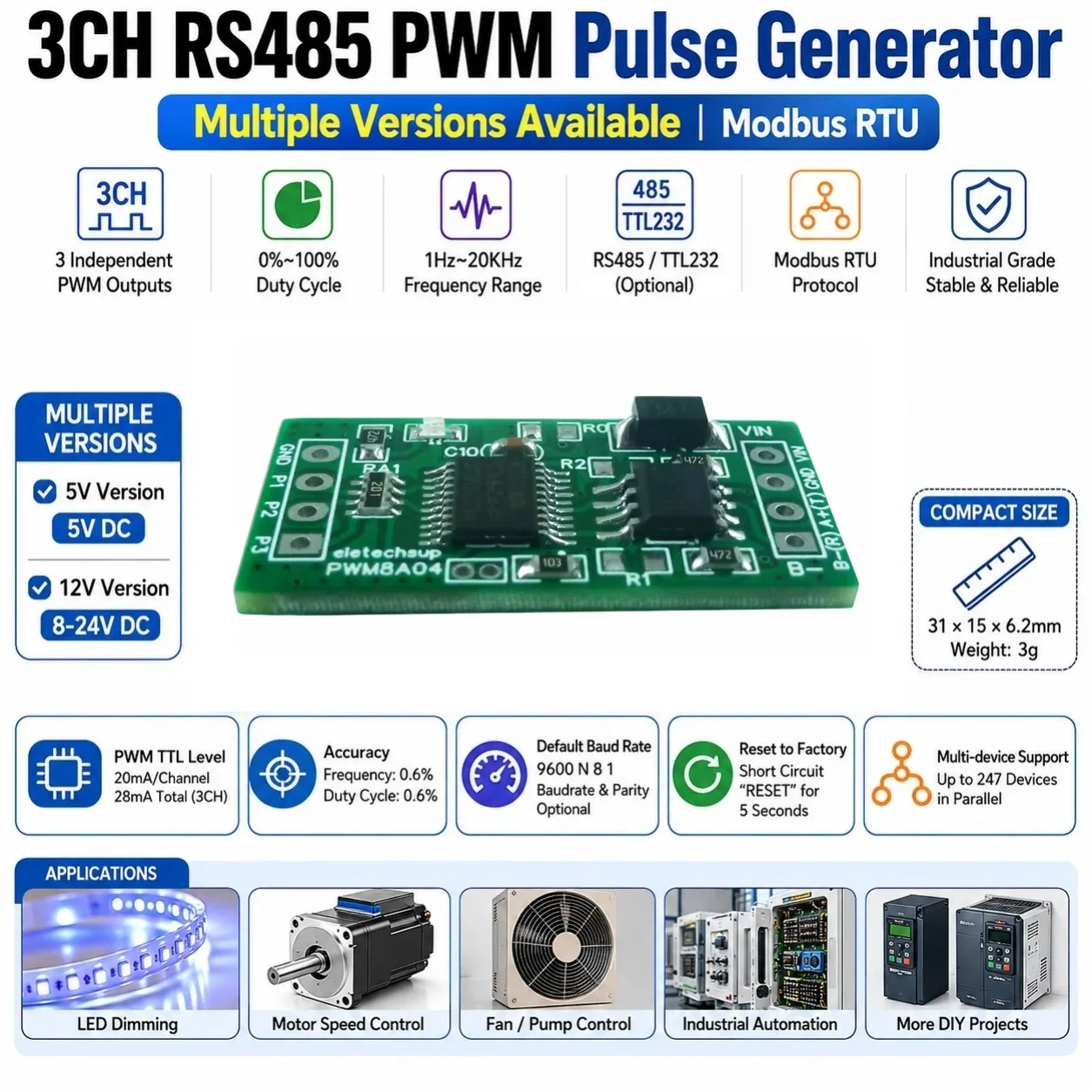 DC 5V 12V 1Hz-20kHz Modbus RTU 3-Channel TTL/RS485 PWM Generator Duty Cycle Frequency Adjustable Square Wave Pulse Controller