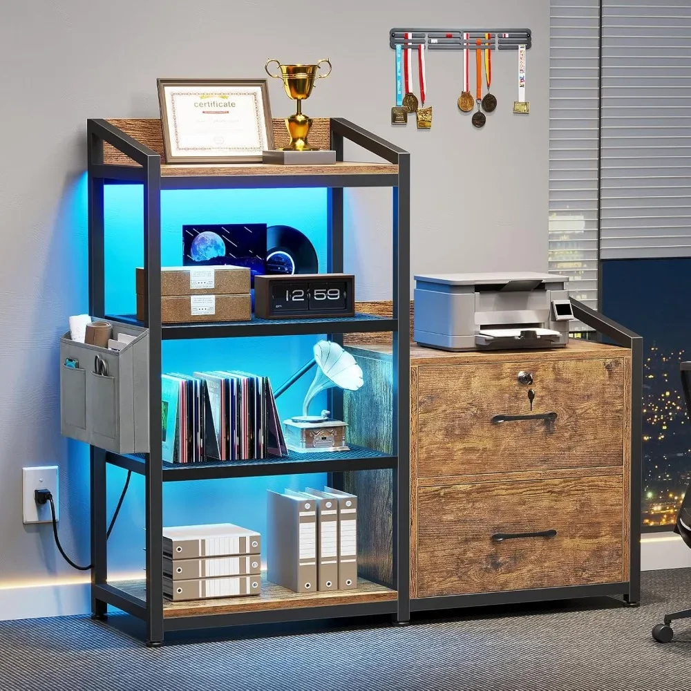

Filing Cabinets, 35.4” File Cabinets, 2 Drawe File Cabinets for Home Office w/Power Strip, LED Lights, Lock, Open Shelf