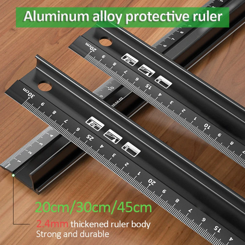 20/30/45cm Aluminum Straight Ruler Multifunctional Protective Ruler Anti Slip Laser Calibration Hands Marking Ruler for Woodwork