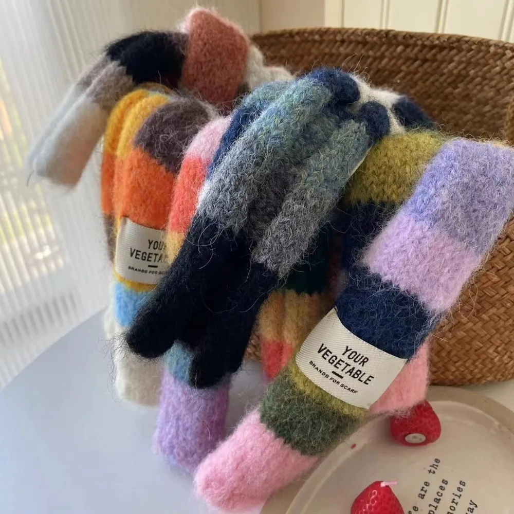 Fashion Y2K Striped Scarf Knitted Wool With Warm Color Splicing Contrast Sausage Thin Scarf Long Narrow Scarves Winter