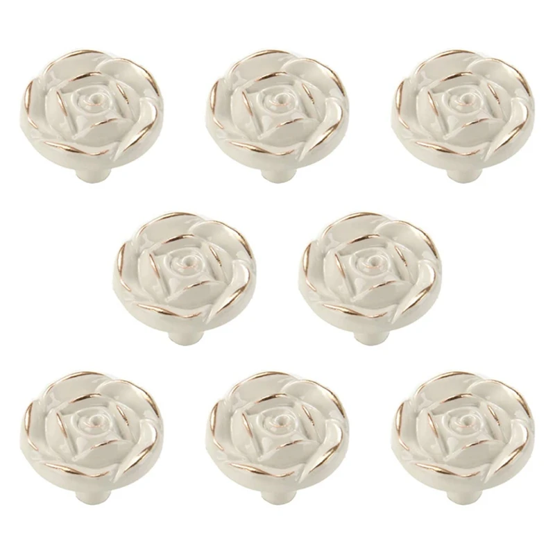 

8Pcs Antique Rose Flower Cabinet Knobs, Vintage Kitchen Shabby Chic Zinc Alloy White Drawer Pull Handles For Dresser