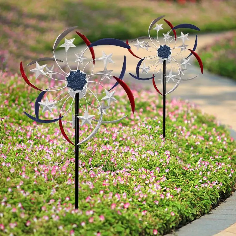 

Wind Spinners Outdoor Patriotic Five Pointed Star Windmill Metal 360-degree Double Wind Sculpture For Garden Courtyard Terrace