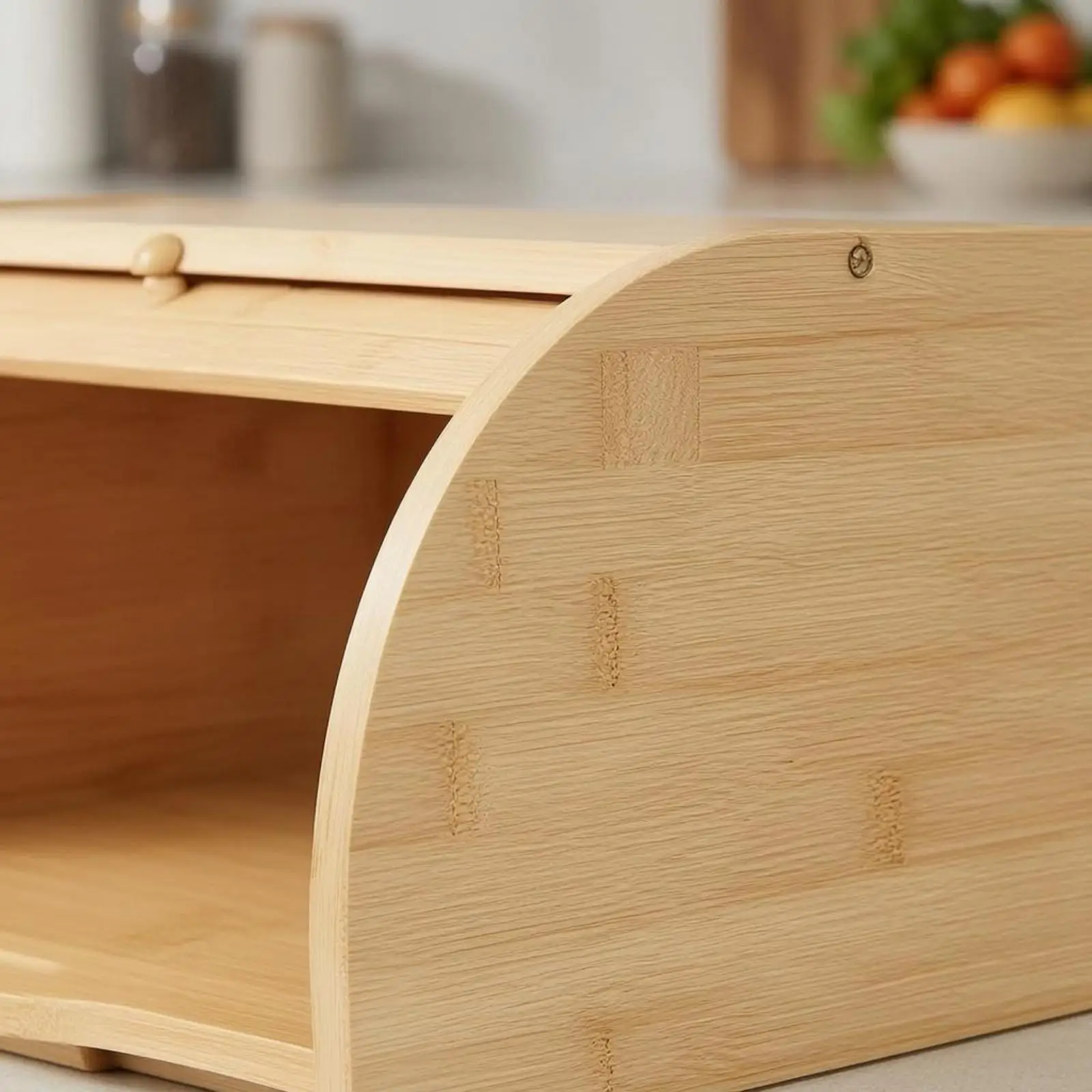 Flip-Loaf Lid Box Wood Finish Bamboo Bread Box Rounded Sides Kitchen Organizer for Cooking Storage, Countertop