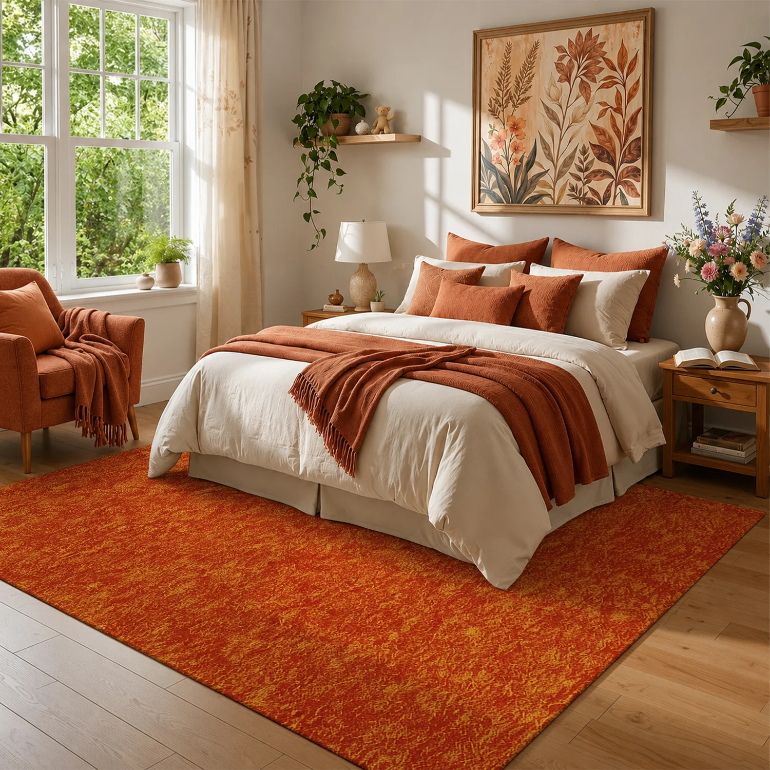 Large Indoor Area Rug, Soft Velvet Low Pile with Non-Slip Dotted Backing, Machine Washable, Warm Terracotta Textured Abstract Pattern for Living Room, Bedroom, Dining Spaces
