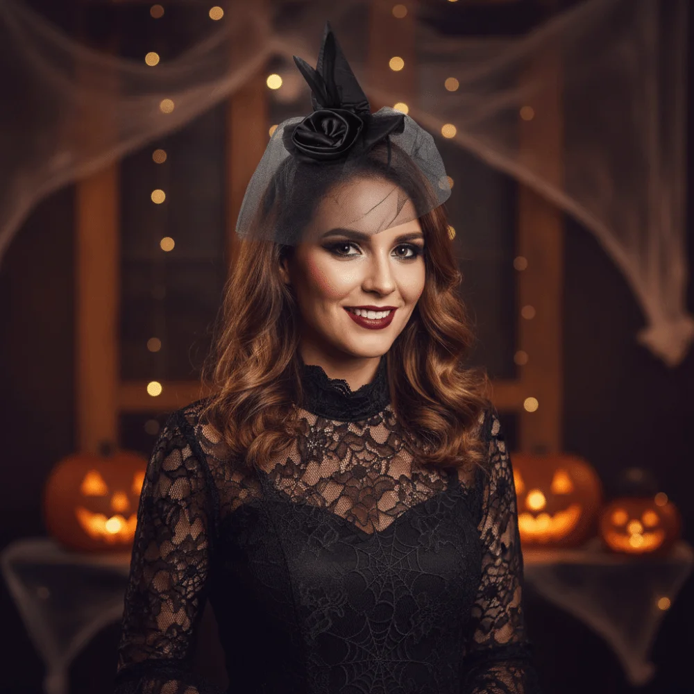 Creative Folds Halloween Witch Hat Feather Design Satins Retro Veil Witch Hat Black Cosplay Photo Props Wizard Cap Party