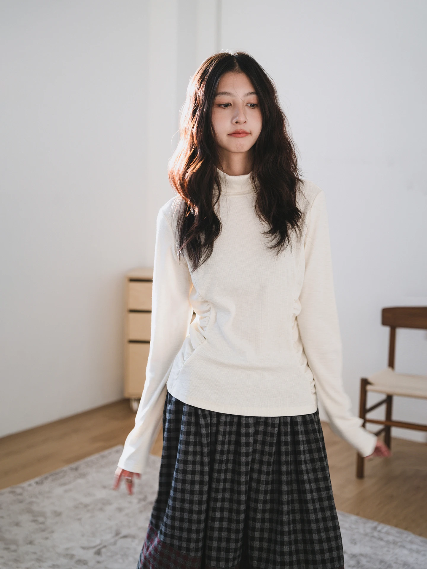 

Slim Fit High Collar Long Sve T-irt Women's Base irt Waist Cinching Folded Design Winter Thiened Breathable Polyester