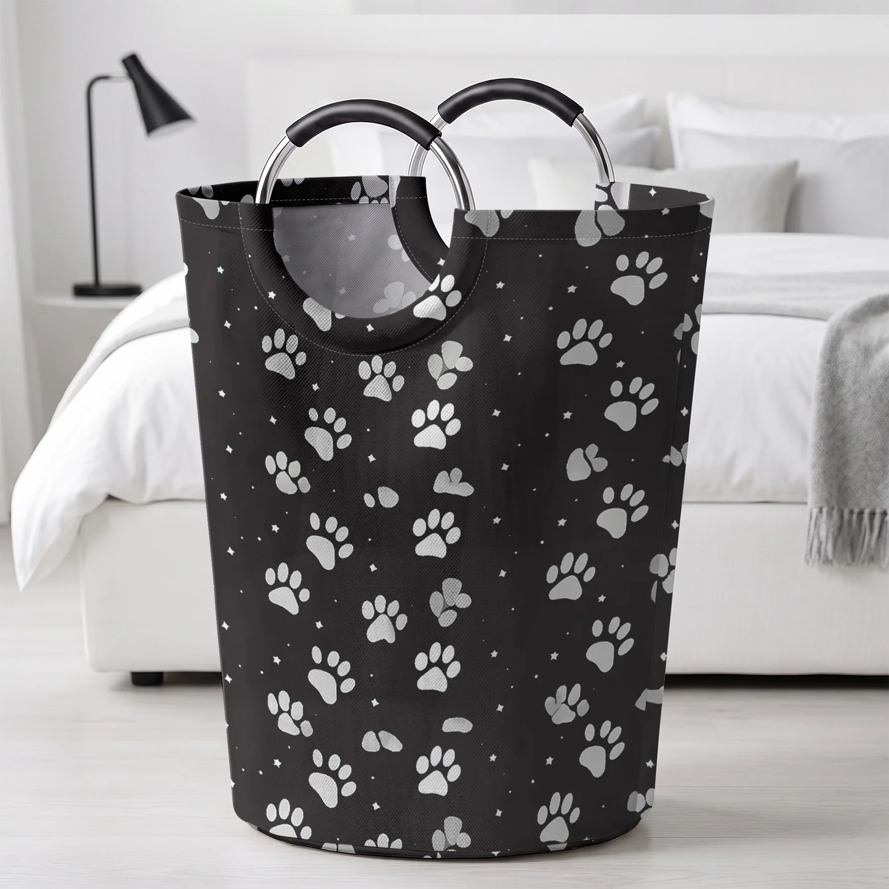 Black Background Silver Paw Print & Star Handheld Storage Basket, Large Capacity, for Dirty Clothes, Bedroom Sundries, Toys