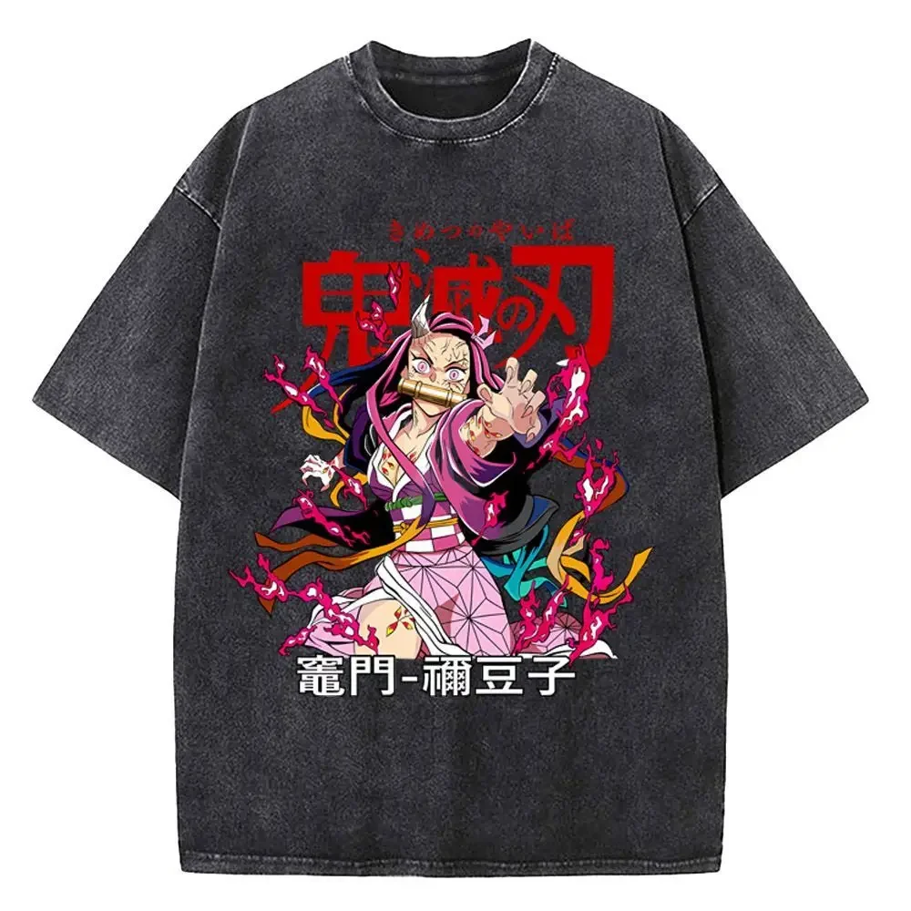 Demon Slayer Washed T Shirt Tanjiro Nezuko Sibling Graphic Cotton Short Sleeve Oversized Men Women Anime Tops