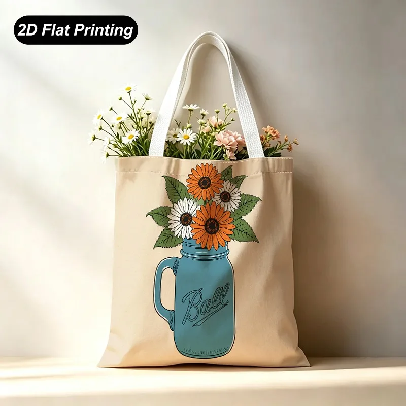 1PC【Tote Bag】2DFlat effect，bag features a vintage-style blue jar floral pattern，Lightweight and large capacity，Adapted