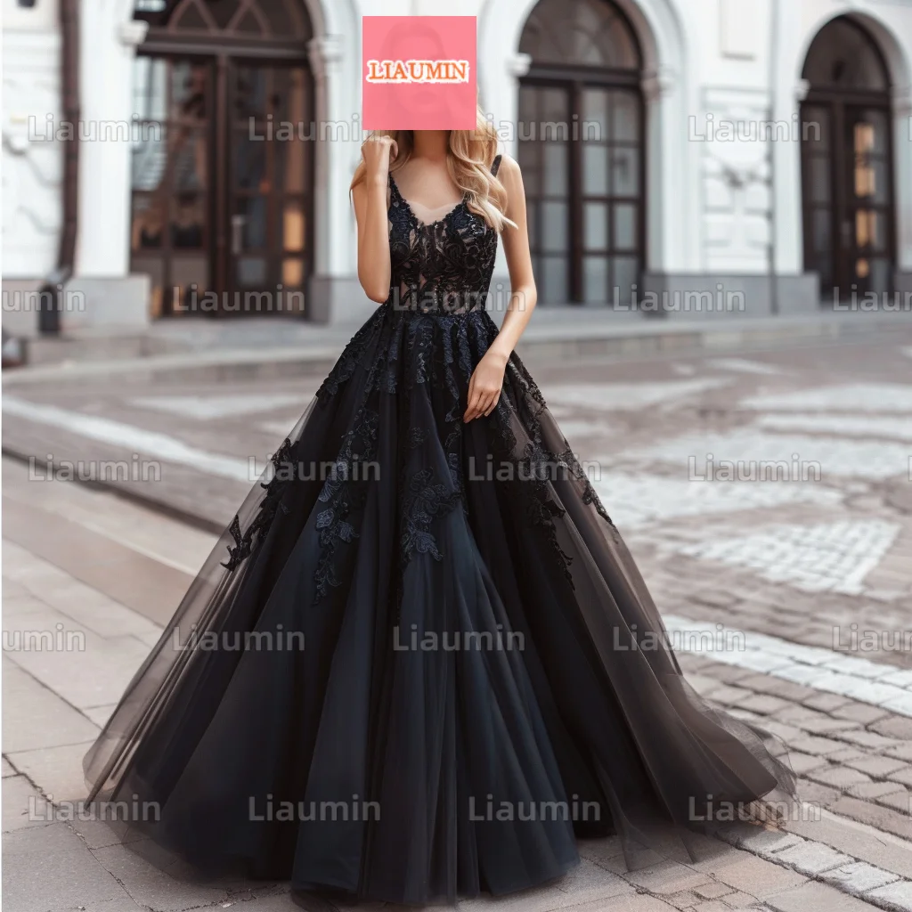 Custom Hand Made Black Tulle With Lace Applique Spaghetti Strap Lace Up Back Evening Prom Dresses Full Length Formal W17-1.15