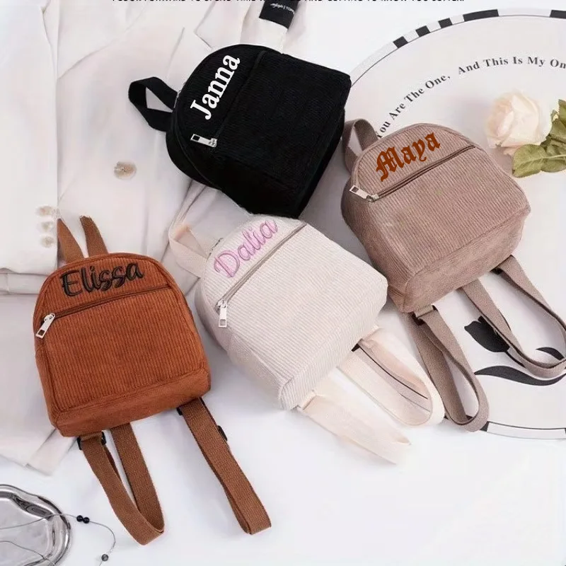 Custom Name Embroidery Corduroy Backpack - Fashion Mini Solid/Multi-Color Bag Casual Schoolbag Stylish Daily Travel Shoulder Bag