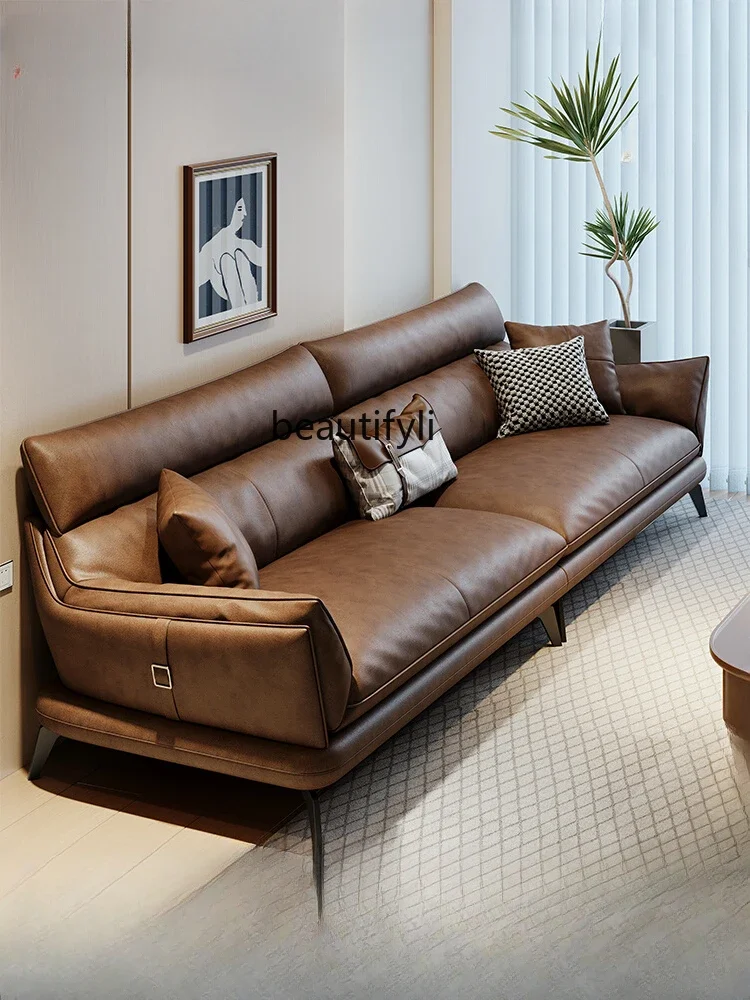 

zxqGenuine Leather Living Room Backrest Italian Minimalist Straight-Row Royal Concubine Caramel First Layer Cowhide High-Leg Sof