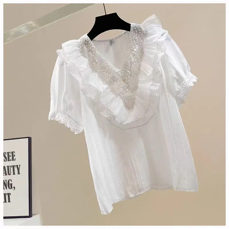 New In 2024 Summer Diamonds Ruffles Shirts Blouses For Women Top Japanese Style Sweet Chic White Blouse