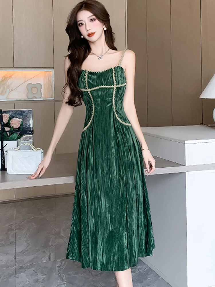 Autumn Winter Green Velvet Sling Sexy Club Dress Women Elegant High Waist A-Line Long Dress 2024 Korean Vintage Elegant Vestidos