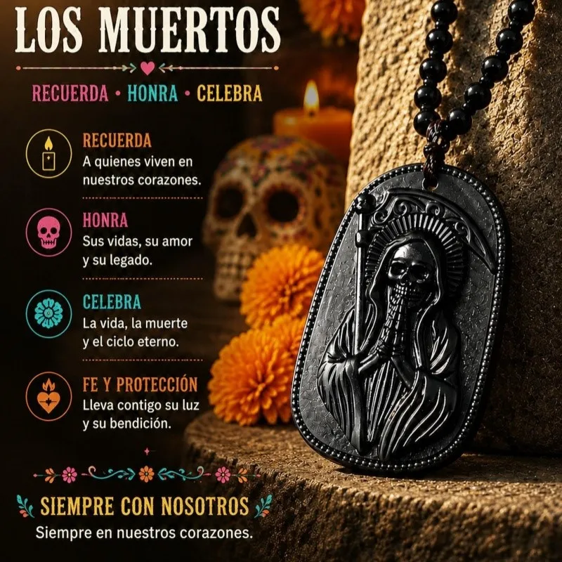 Santa Muerte Sculpture Dog Tag Necklace for Mexican Day of the Dead Grim Reaper in Black Robe Holding Scepter Protective Amulet