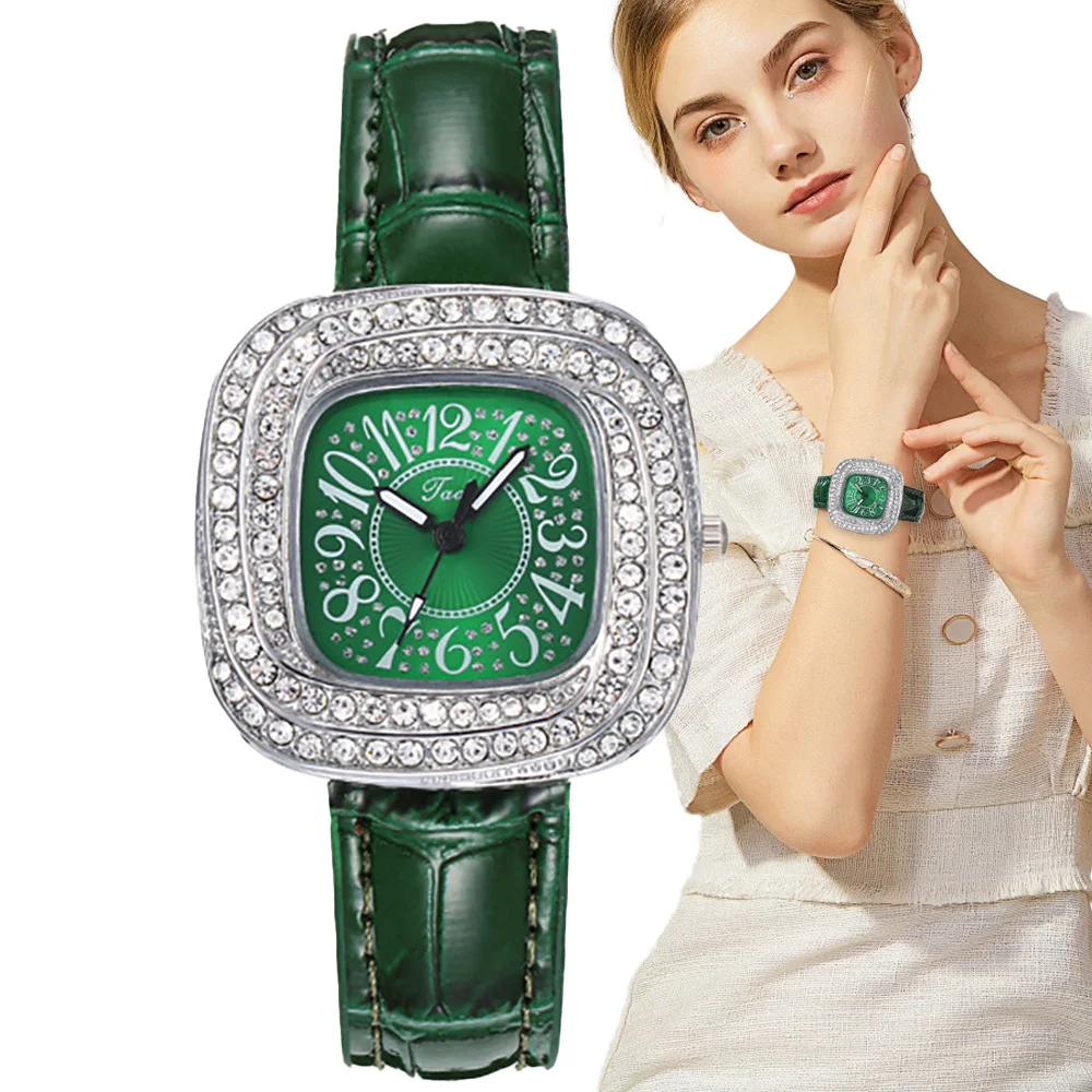 Fashion Ladies Silver Case Full Star Diamonds Digital Green Quartz Watch Luxury Green Leather Women\'s Clock Dress Watches