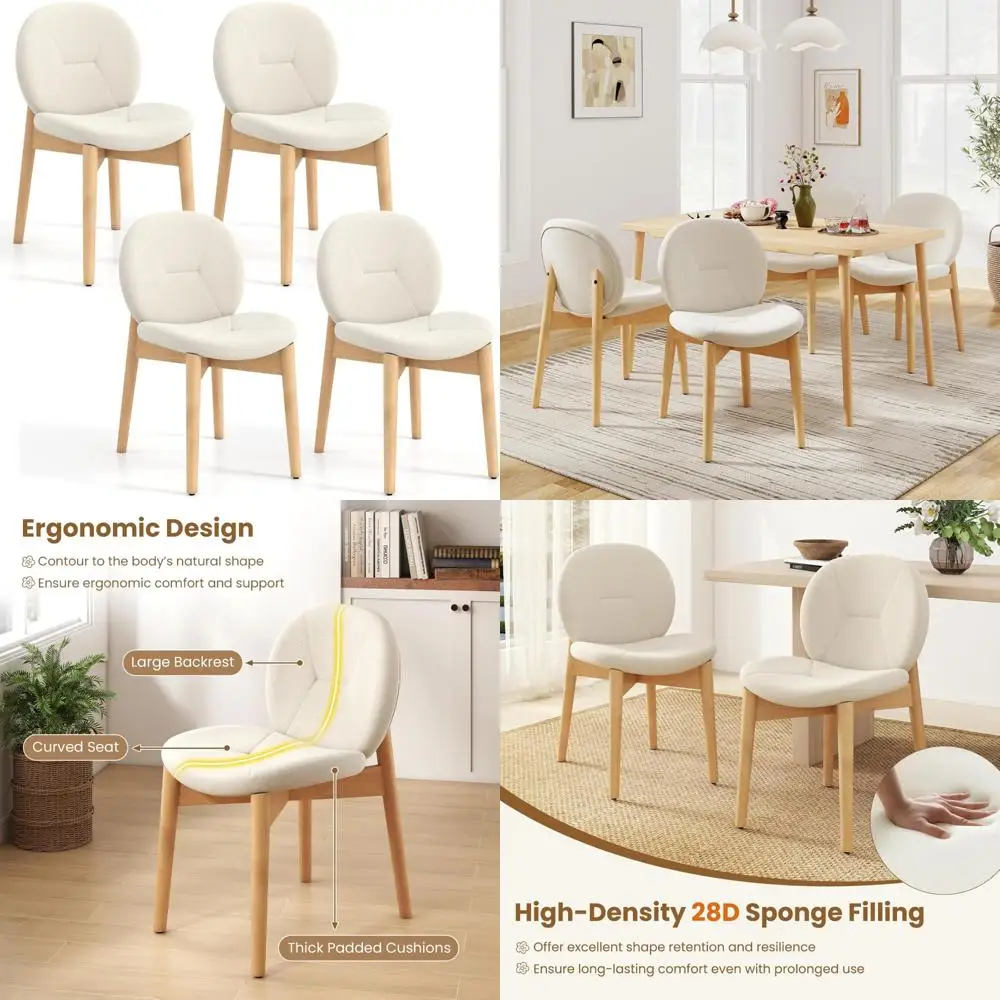 مجموعة من 4 كراسي طعام خشبية منجدة بأرجل من الخشب المطاطي وحشوة إسفنجية عالية الكثافة