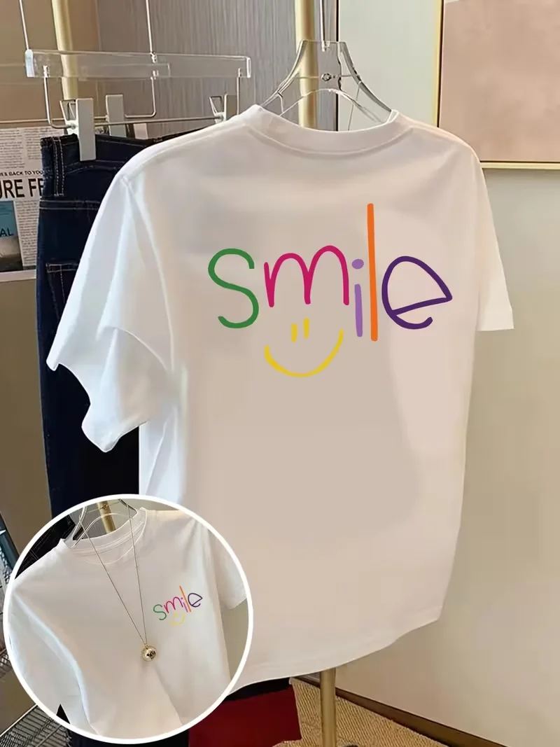 Colorful Smile Smiley Face Graphic T-Shirt, Casual Crew Neck Short Sleeve Top,Front & Back Print Happy Positive Slogan Tee