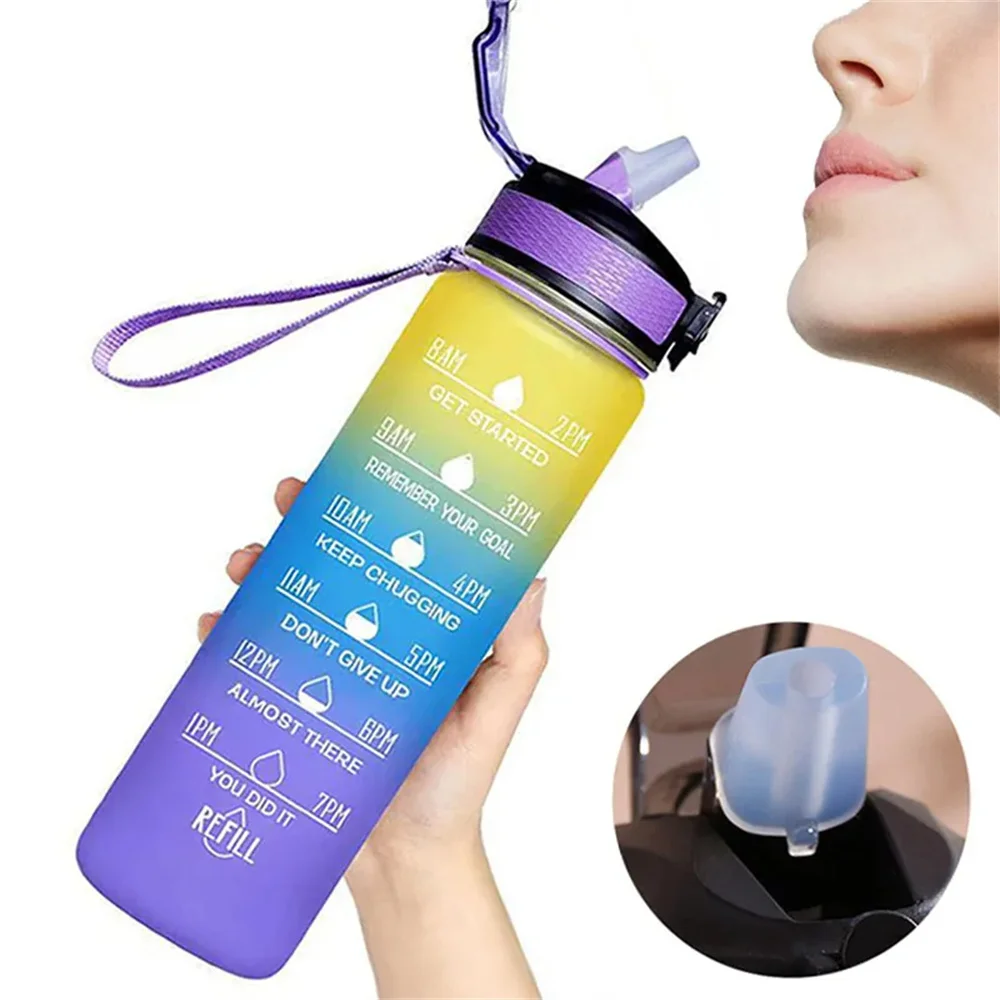 1L Water Bottle Gradient Color Motivational Sports Water Bottle with Time Marker Leak-proof Cup for Office, Gym, Outdoor