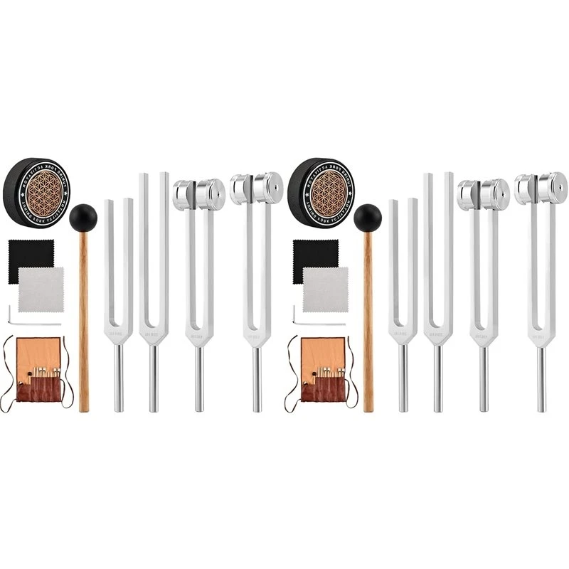 t22c-2-set-tuning-forks-for-healing-set-128hz1361hz256hz384hz-tuning-fork-with-reflex-hammerportable-in-leather-pouch