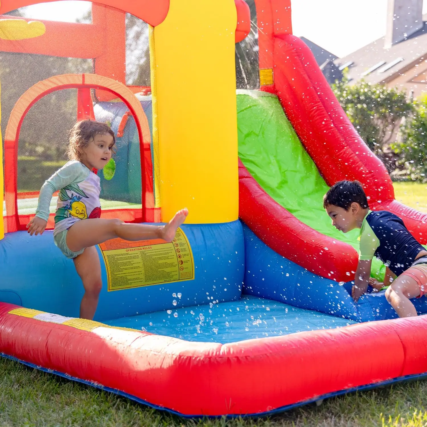 Large Inflatable Bounce House with Water Slide, Pool, Basketball Hoop & Climbing Wall - UL Certified Blower Included