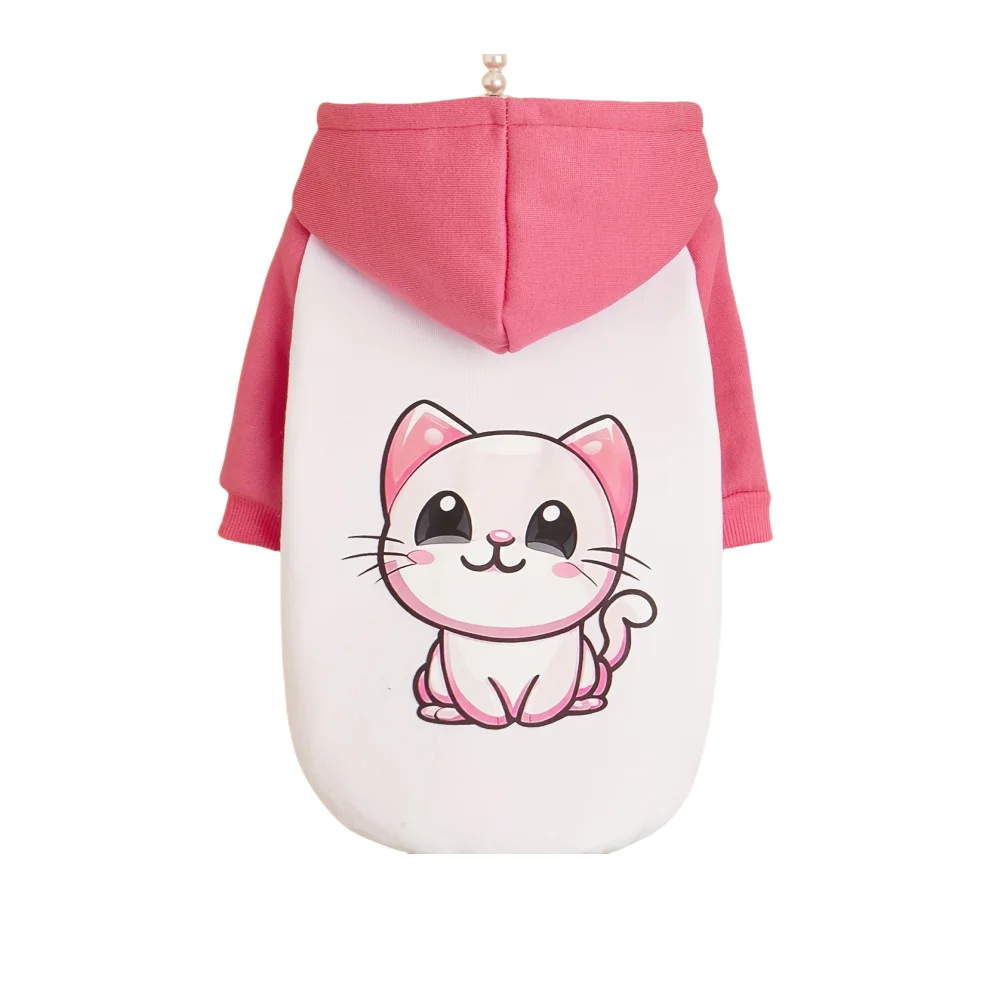 Pet clothes dog cat hooded sweatshirt with velvet warm and comfortable white stitching pink clothes with prints Simple and gener