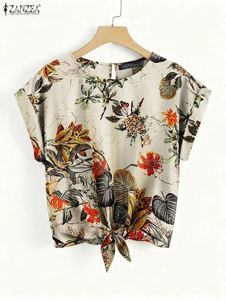 

ZANZEA Summer Floral Printing Women Blouses Casual Short Sleeve O-Neck Tied Hem Cotton Linen Blouse Woman Fashion Clothing S-3XL